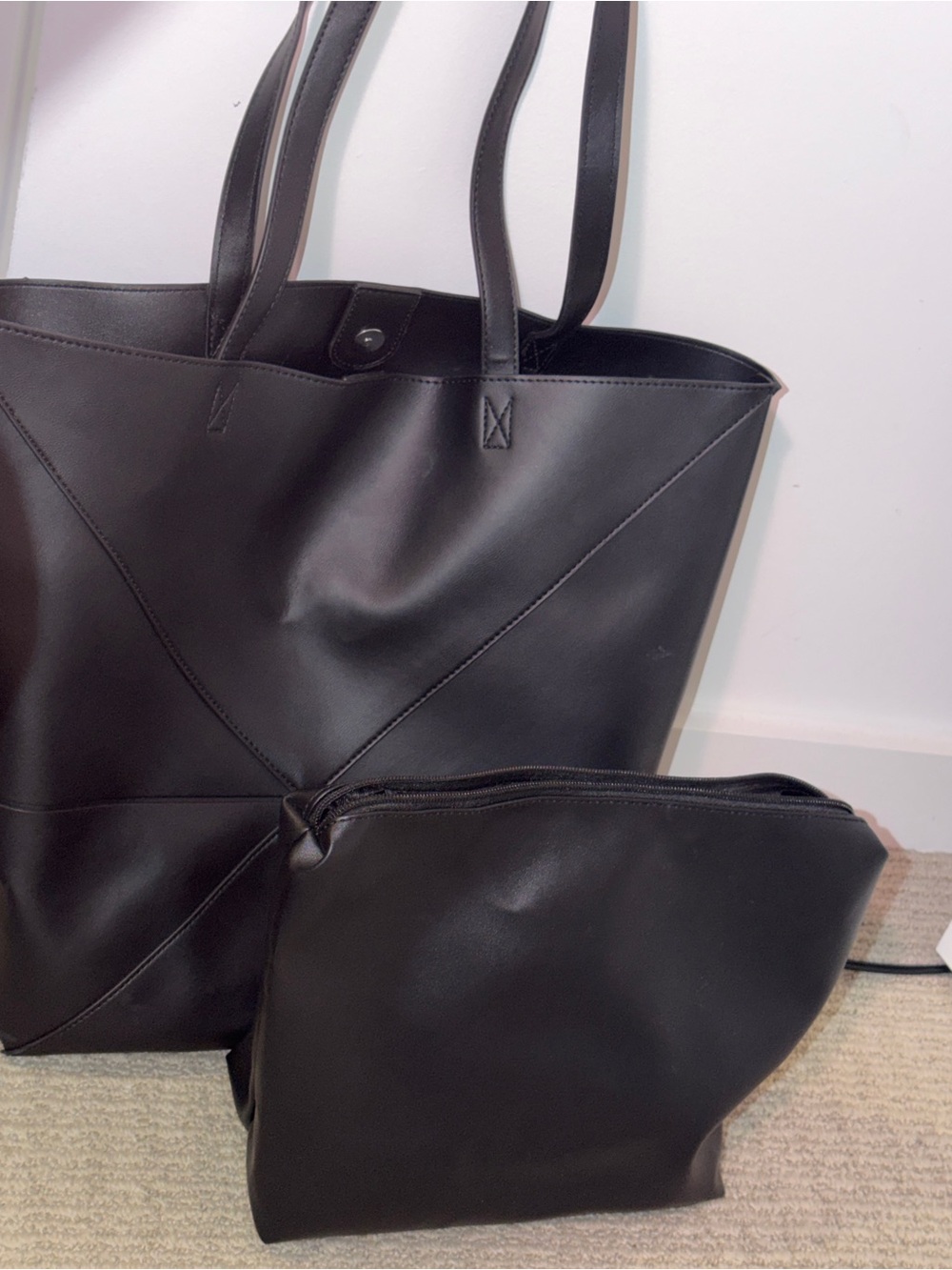 Non- branded Black Leather Tote Bag - Minimalist Everyday Carry - Picture 2 of 5